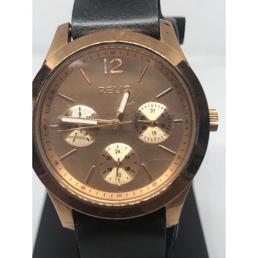 Relic ZR15594 Women's Black Leather Analog Gold Dial Quartz Genuine Watch RK232